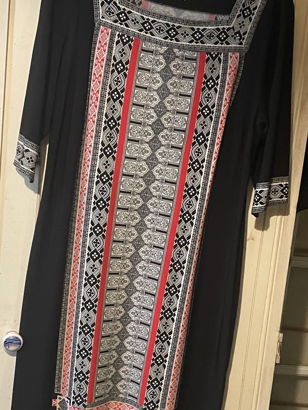 Studio Black Tunic with Red and White Geometric Center Panel